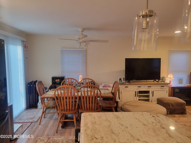 dining area featuring ceiling fan and light hardwood / wood-style floors