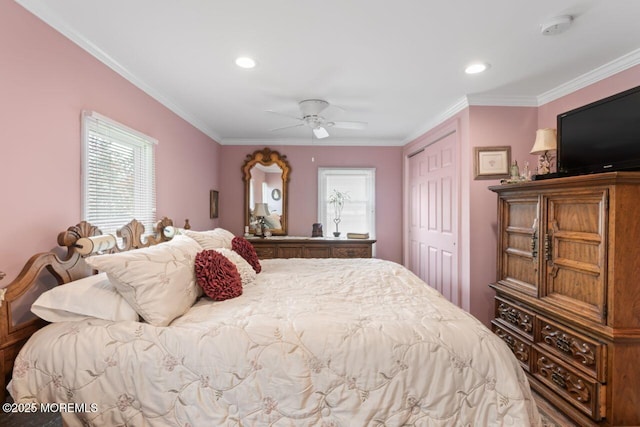 14 Douglas Dr, Jackson, NJ 08527 - bedroom featuring a closet, multiple windows, ornamental molding, ceiling fan, and recessed lighting