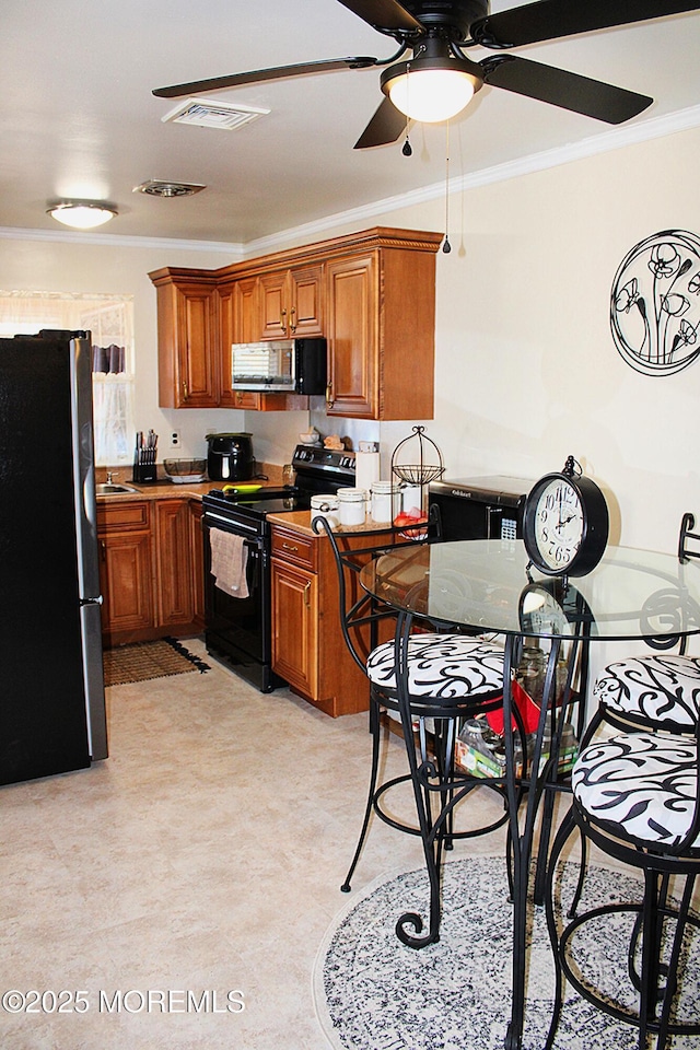 kitchen featuring ceiling fan, ornamental molding, stainless steel appliances, and sink