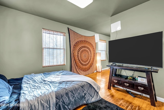 bedroom featuring wood-type flooring and multiple windows