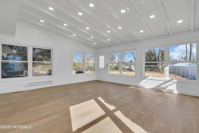 unfurnished sunroom with a baseboard heating unit, visible vents, and vaulted ceiling with beams