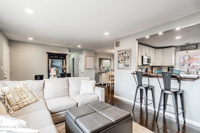 living room with dark wood-type flooring