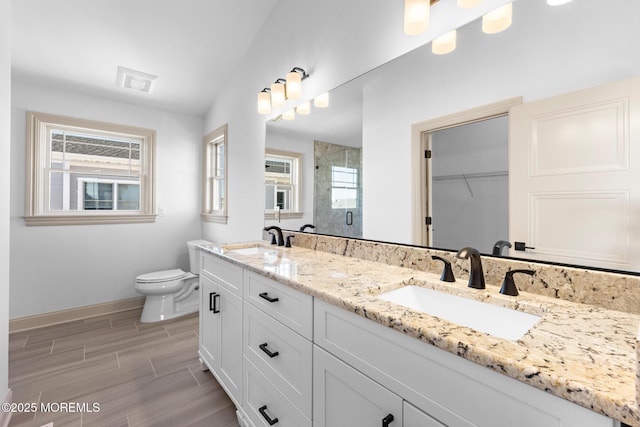 bathroom featuring vanity, an enclosed shower, and toilet