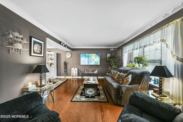 living room with crown molding and wood-type flooring