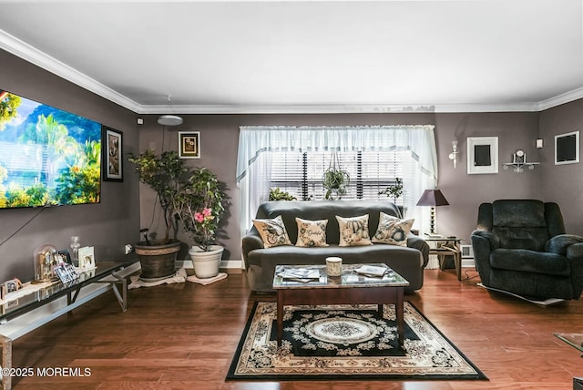 living room with ornamental molding and hardwood / wood-style floors