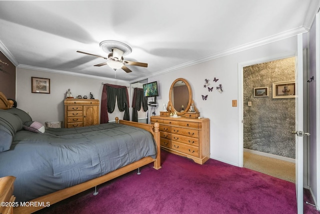 bedroom featuring ceiling fan, ornamental molding, and carpet floors