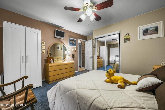 carpeted bedroom with ceiling fan