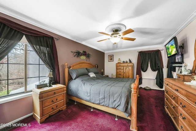 bedroom featuring crown molding, ceiling fan, and carpet