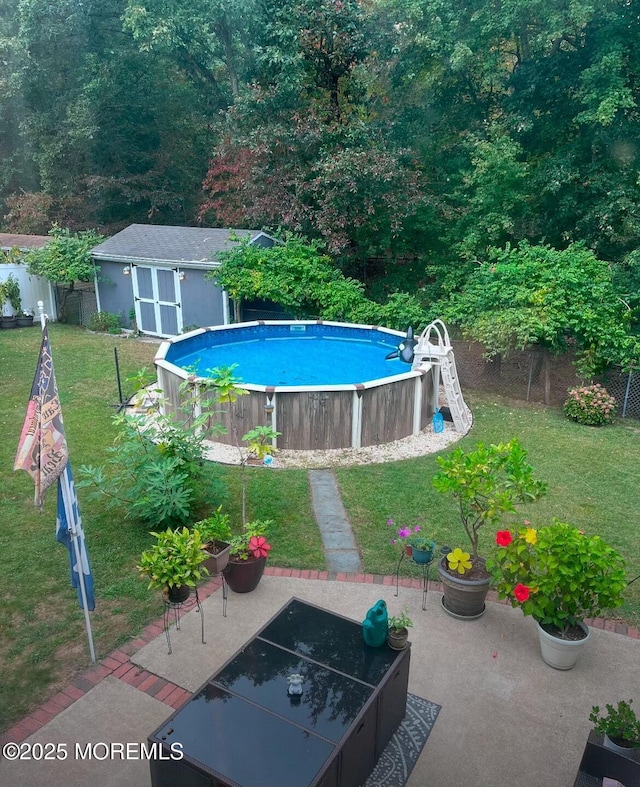 view of swimming pool with a storage shed, a patio, and a lawn