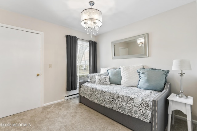 bedroom with an inviting chandelier, light carpet, and a baseboard heating unit