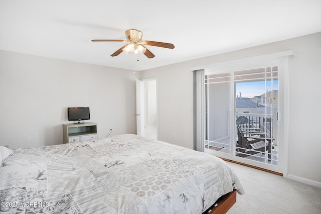 bedroom with carpet flooring, access to outside, and ceiling fan