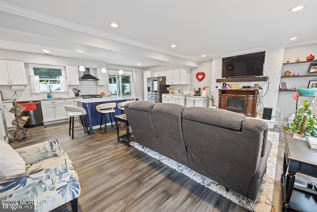 living room featuring crown molding, plenty of natural light, a large fireplace, and wood-type flooring