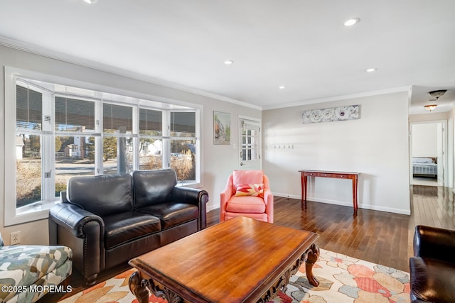 living room featuring ornamental molding and dark hardwood / wood-style floors