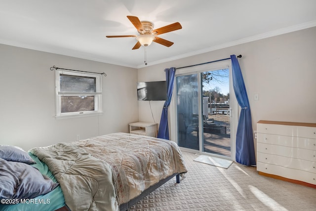 bedroom with ornamental molding, light carpet, access to outside, and ceiling fan