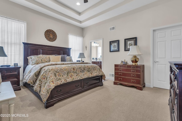 carpeted bedroom featuring ceiling fan, ensuite bath, and a tray ceiling