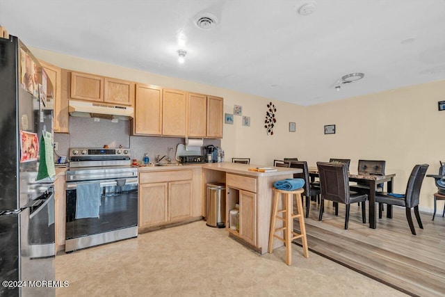 kitchen featuring stainless steel appliances, a kitchen bar, light brown cabinetry, and kitchen peninsula