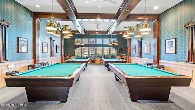 rec room featuring coffered ceiling, billiards, beam ceiling, and light carpet