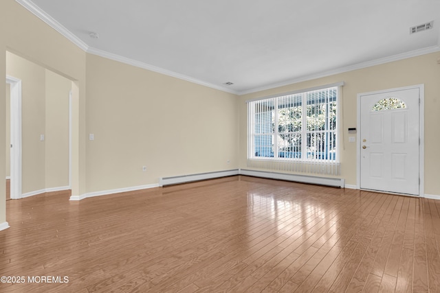 unfurnished living room with a baseboard radiator, ornamental molding, and light wood-type flooring