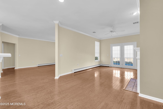 unfurnished living room with ornamental molding, hardwood / wood-style floors, ceiling fan, and baseboard heating