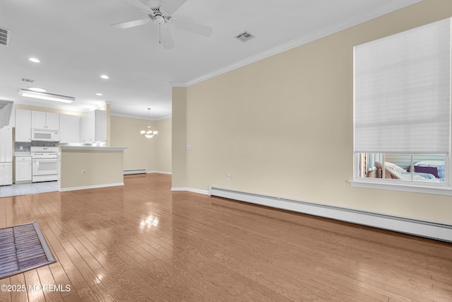 unfurnished living room with crown molding, light wood-type flooring, and baseboard heating