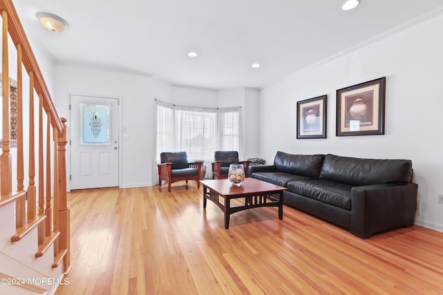 living room featuring crown molding and light wood-type flooring