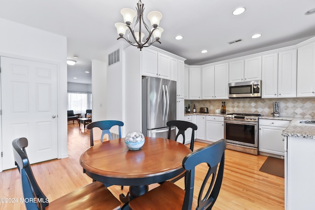 kitchen featuring white cabinetry, pendant lighting, stainless steel appliances, light hardwood / wood-style floors, and backsplash