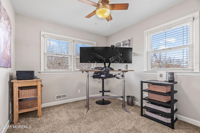 office area with plenty of natural light, carpet floors, and ceiling fan