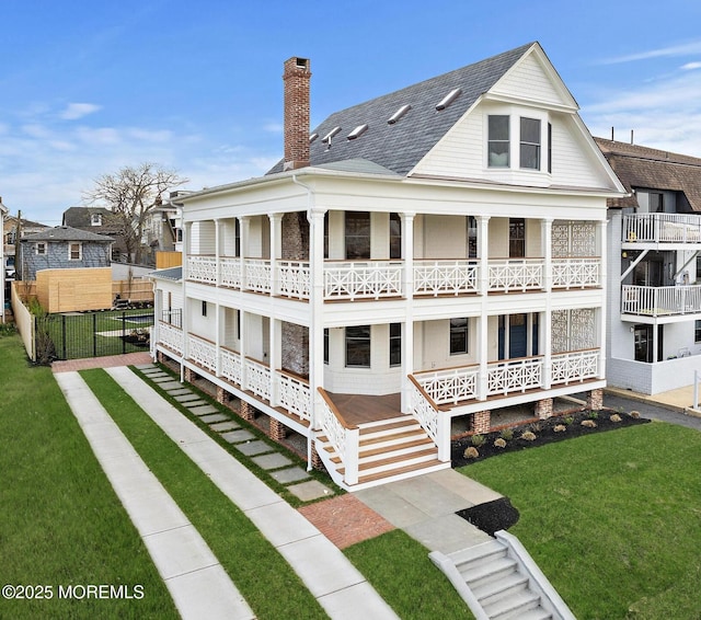 402 Fifth Ave, Asbury Park, NJ 07712 - back of property with covered porch, a chimney, a balcony, and roof with shingles