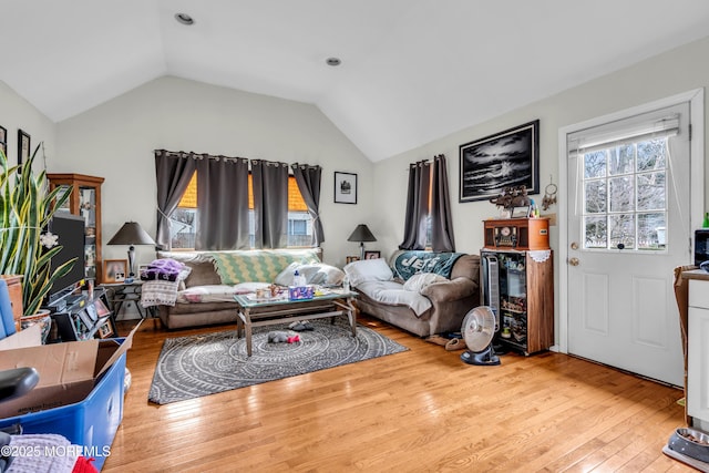 living room featuring lofted ceiling and wood-type flooring