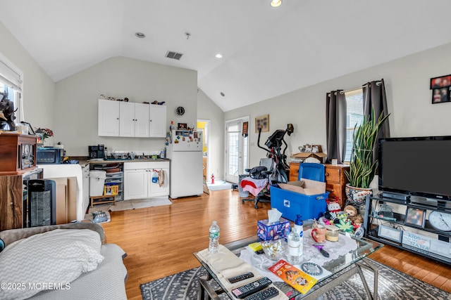 living area featuring light wood-style floors, vaulted ceiling, and a wealth of natural light