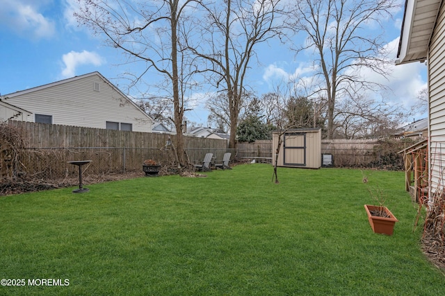 view of yard with a fenced backyard, an outdoor structure, and a storage shed