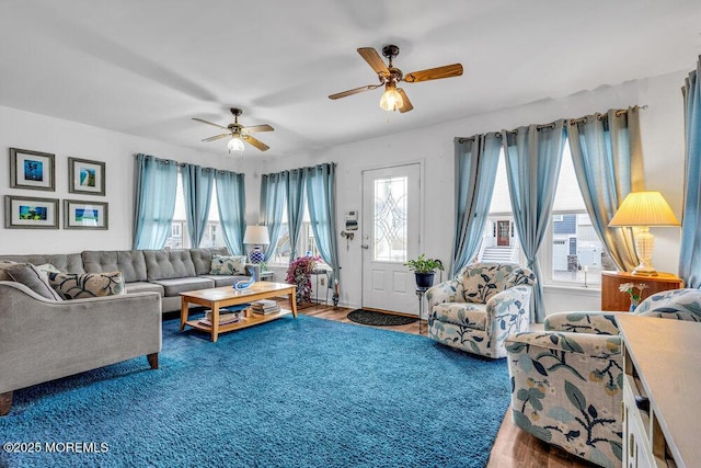 living room featuring wood-type flooring and ceiling fan