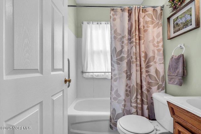 full bathroom with vanity, a healthy amount of sunlight, shower / bath combination with curtain, and toilet