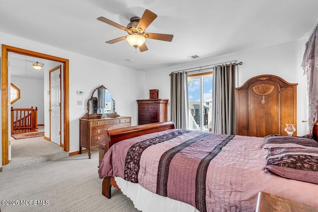 bedroom with light carpet, access to exterior, and ceiling fan