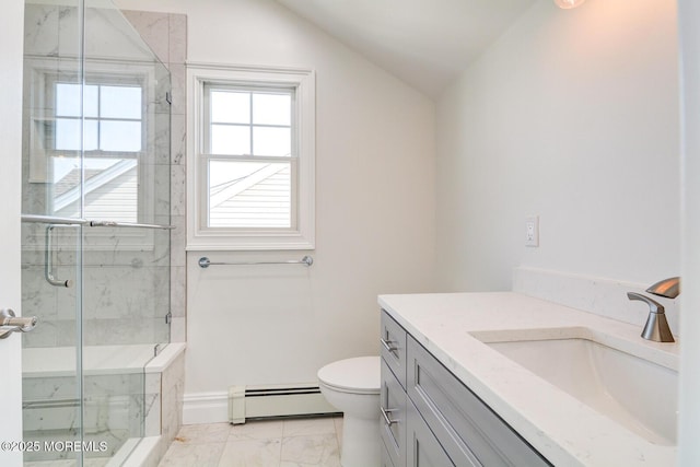 bathroom featuring baseboard heating, vanity, an enclosed shower, vaulted ceiling, and toilet