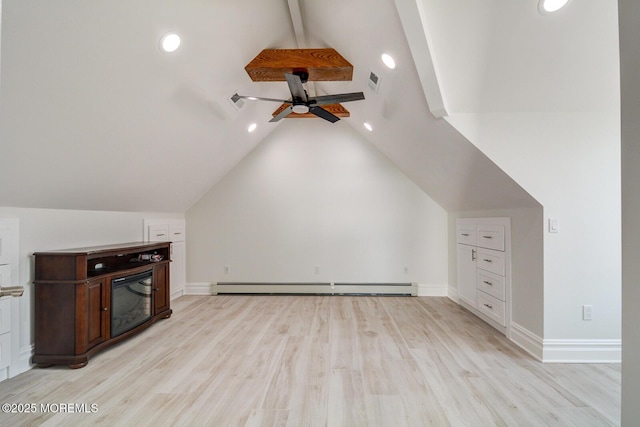 bonus room with ceiling fan, a baseboard radiator, lofted ceiling with beams, and light wood-type flooring