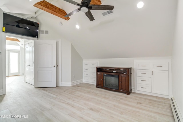 unfurnished living room featuring lofted ceiling with beams, light hardwood / wood-style floors, ceiling fan, and baseboard heating