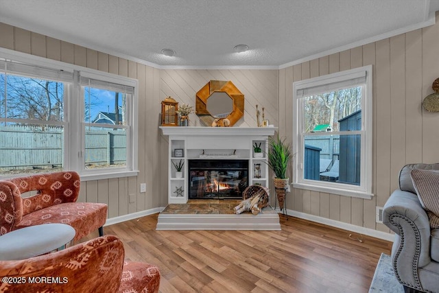 living room featuring crown molding, a textured ceiling, and light wood-type flooring