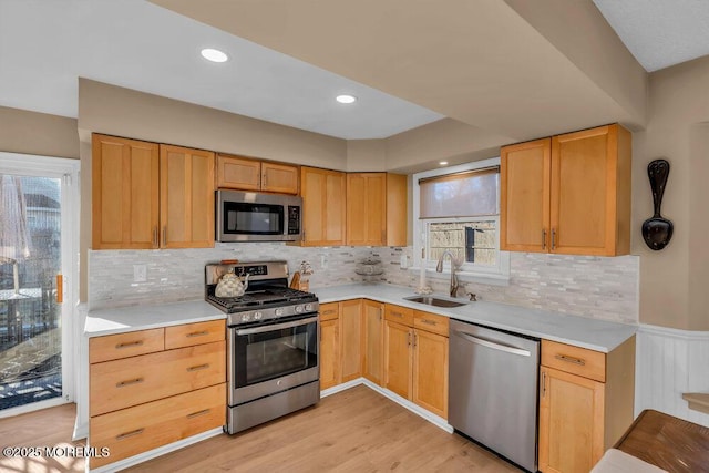 kitchen with tasteful backsplash, sink, light hardwood / wood-style flooring, and stainless steel appliances