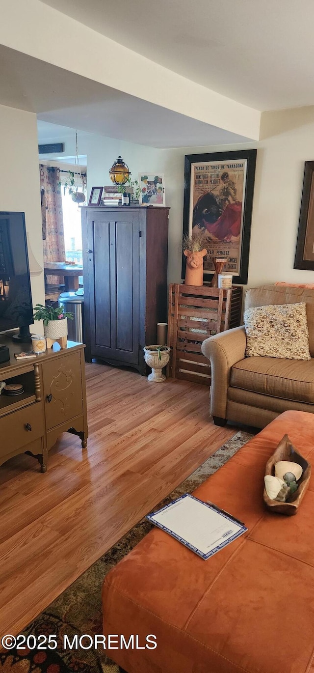 living room featuring a chandelier and light wood-type flooring