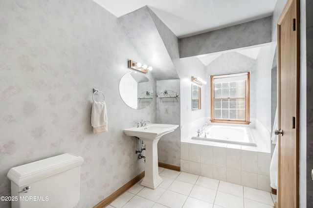 full bath with wallpapered walls, toilet, lofted ceiling, tile patterned floors, and a bath