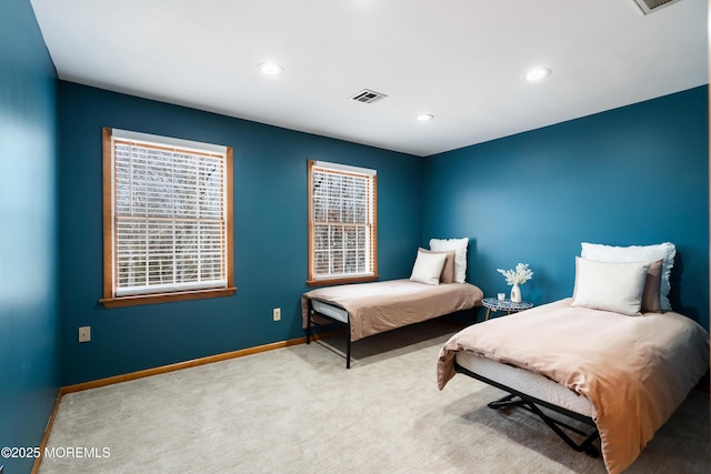 bedroom featuring recessed lighting, baseboards, visible vents, and carpet flooring