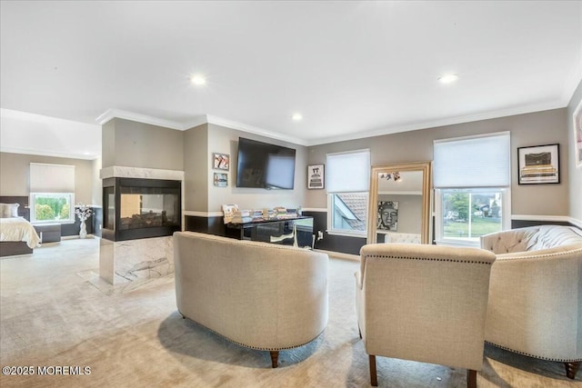 carpeted living room with crown molding and a multi sided fireplace