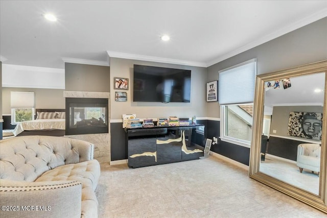 living room with ornamental molding, light carpet, and a multi sided fireplace