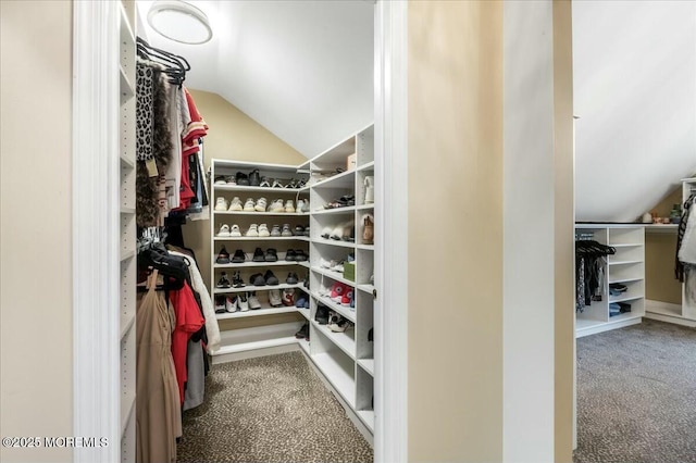 walk in closet with vaulted ceiling and carpet floors