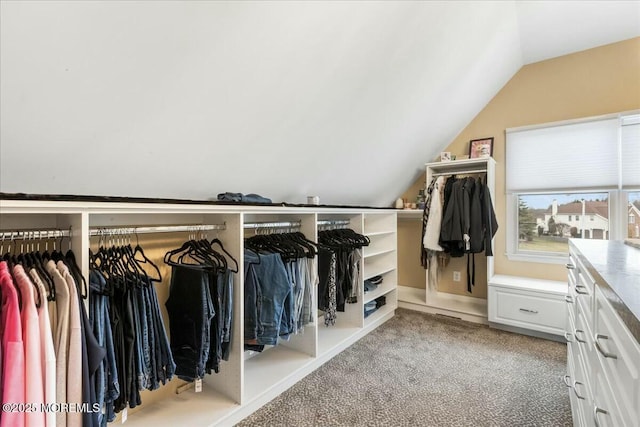 spacious closet with vaulted ceiling and carpet