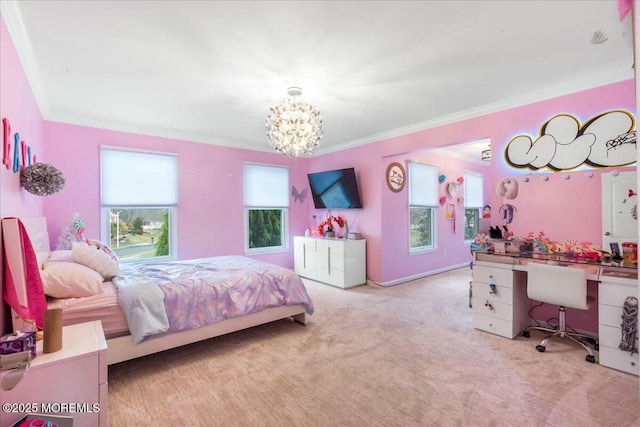 carpeted bedroom featuring crown molding and a chandelier