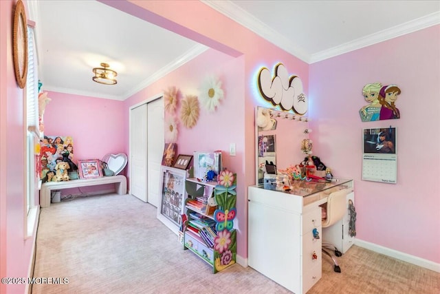 bedroom featuring crown molding, light colored carpet, and a closet