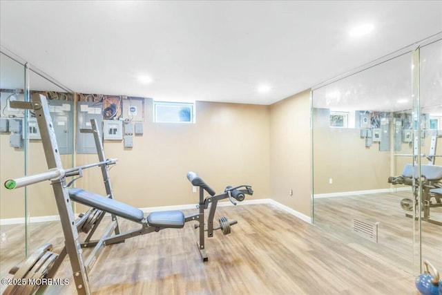 workout room featuring a healthy amount of sunlight and wood-type flooring