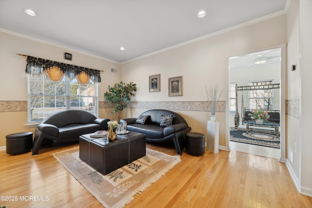 living room featuring crown molding and hardwood / wood-style floors